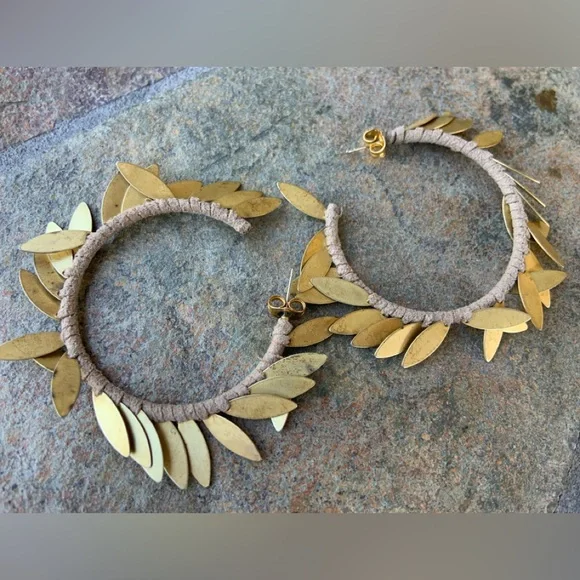 Leather & Brass Fringe Large Hoop Earrings - Picture 5 of 7